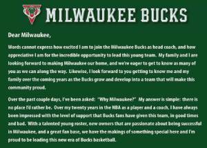 Jason Kidd Letter to Bucks Fans. Posted 7/7/2014 to Milwaukee Bucks website.